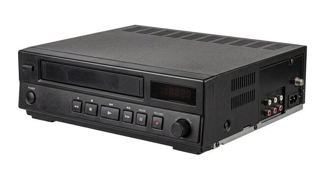 Vintage black VCR player with front panel controls and RCA connections