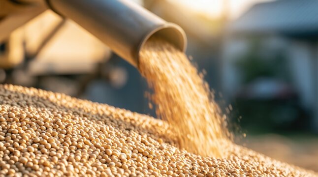 Soybeans pouring from metal pipe onto large pile at sunset