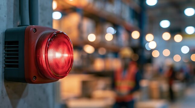 Industrial red warning strobe light on wall in warehouse