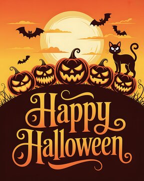 Happy halloween greeting card design with glowing jack o lanterns a black cat and flying bats