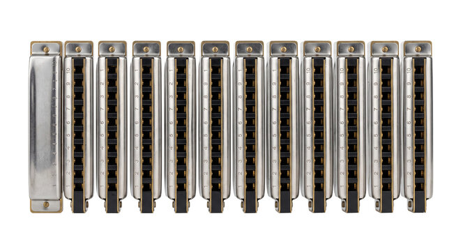 Collection of ten harmonicas lined up in a row, showcasing musical instruments