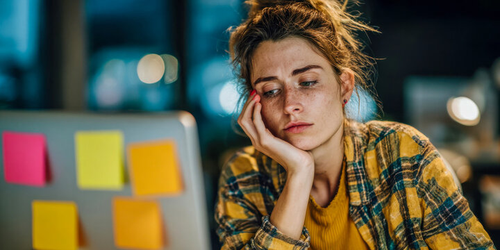 Young woman sits at desk with laptop, looking tired while working at night in a dim room