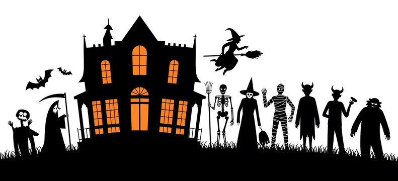 Spooky haunted house silhouette with a witch and various monsters for a halloween celebration background design