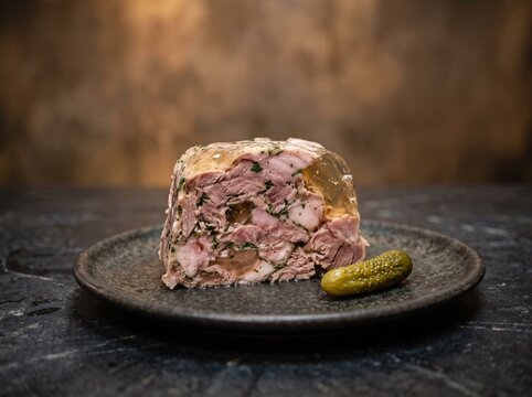 Rustic French Ham Hock Terrine on Dark Ceramic Plate.