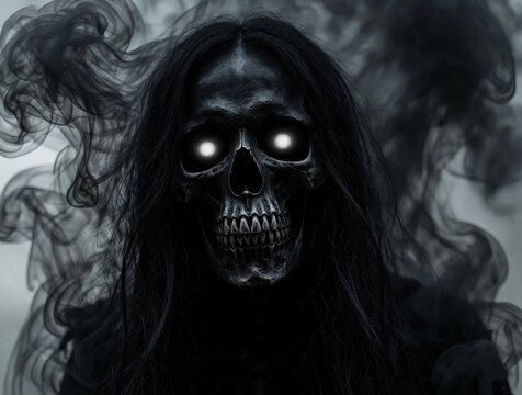 Scary black skull with glowing eyes emerges from swirling smoke. Dark entity with long hair looks menacing. Eerie supernatural creature for horror themes.