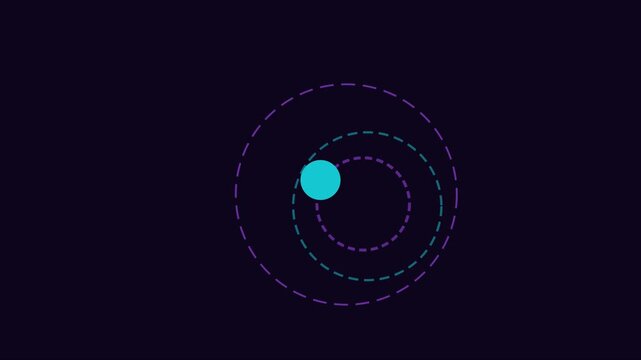 Abstract orbiting circles motion cyan sphere rotating with pulsing neon dashed rings animation 4k motion orbit
