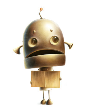 Shocked robot holding cardboard sign. Scared rusty character, bad news. Place for text
