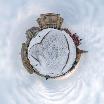 Russia Moscow 07 February 2026. View of Okhotny Ryad, the Kremlin, Four Seasons Hotel and State Historical Museum covered with snow. Historic buildings in central Moscow winter cityscape