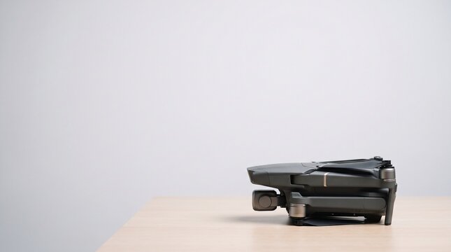 Folded Drone on Wooden Table Against White Background