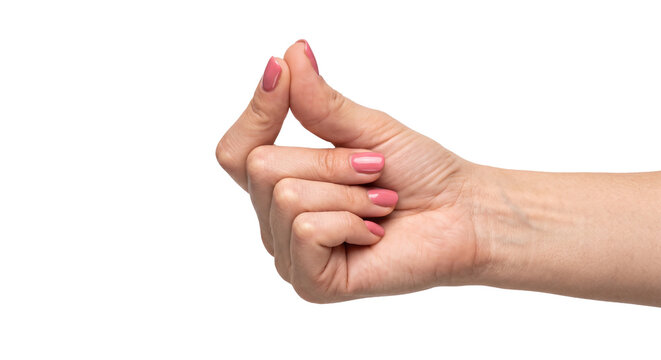 Woman's hand making a pinching gesture with pink nail polish