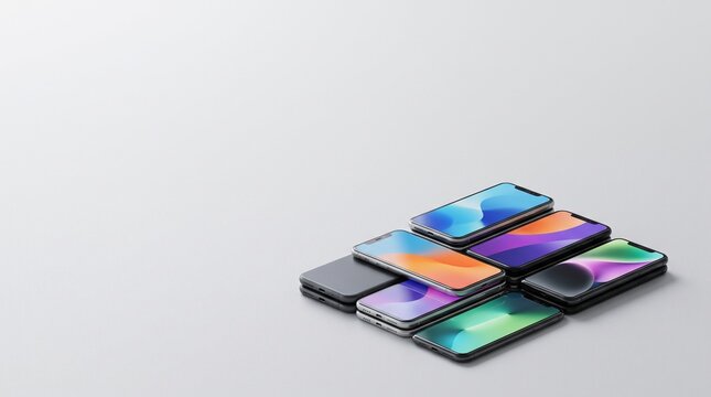 Stack of modern smartphones with colorful screens on a light gray background