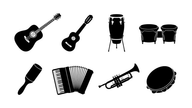 Black musical instruments set icons