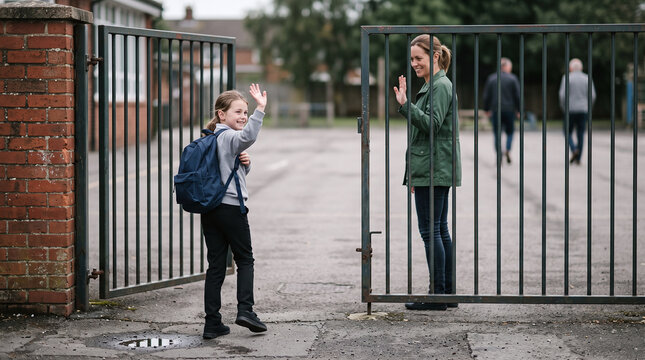 Mother waving goodbye to daughter at school gate