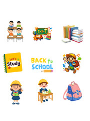Fototapeta premium Back to School Icon Set with Cute Students, Stationery, and Backpacks