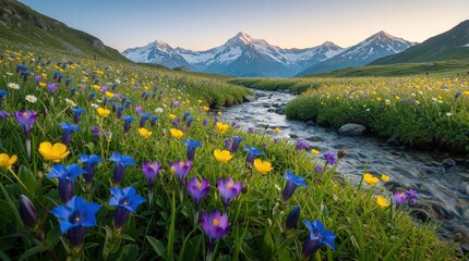 Fototapeta premium meadow vibrant with purple blue yellow wildflowers borders flowing stream toward snow peaked mountains. Peaceful natural landscape at dawn. Mountain nature scene.