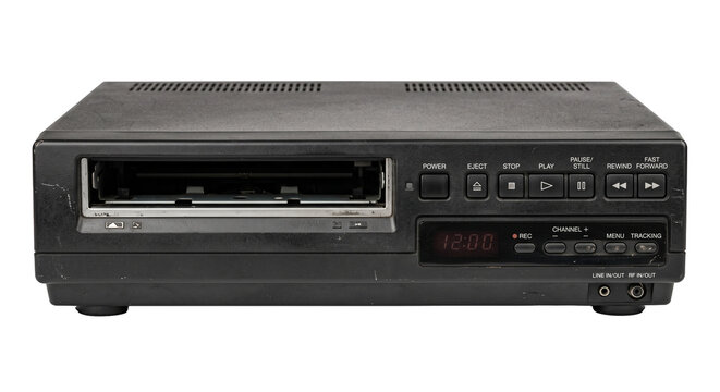 Vintage VCR player with a cassette slot and control buttons on a white background