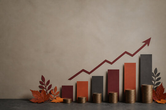 A minimalist still life featuring stacked coins, autumn leaves, and a rising red arrow graph on a plain background.