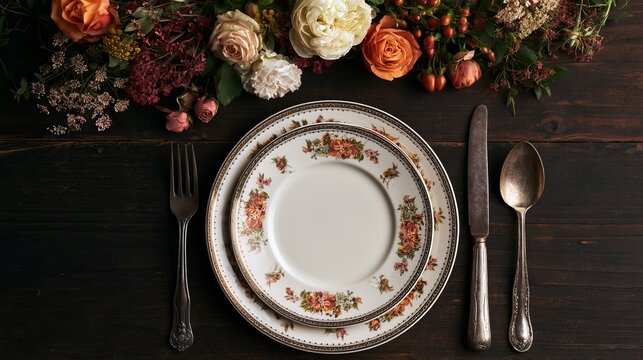 Flowers decorated a dark table, where a neat place setting with a lovely plate and shiny cutlery sat waiting.