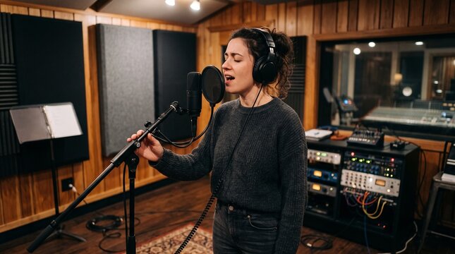 Woman singing into microphone in professional recording studio with sound equipment