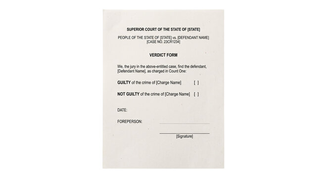 Legal verdict form for a jury decision in a criminal court case