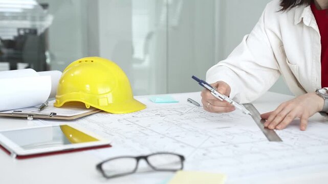 Female architect or engineer working on blueprints using a compass and ruler. Designing building plans. With a yellow hard hat and tablet on the desk