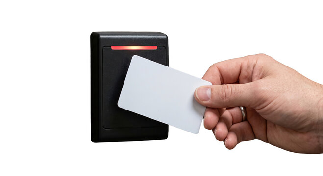 Hand holding blank access card to RFID reader with red indicator light