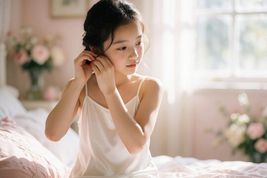 Young Asian girl in white silk slip dress gets ready in bright bedroom. Puts on earrings near window with soft morning light. Beautiful child prepares for special occasion wedding event in cozy home
