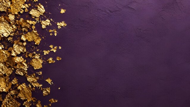 左側に舞う金箔と紫の抽象テクスチャ / Gold foil flying on left side and purple abstract texture (Generative AI)