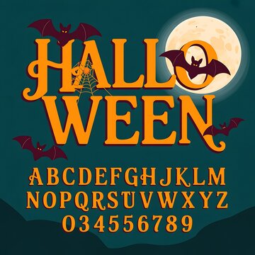 Halloween themed alphabet and numbers set with bats and full moon design on dark background