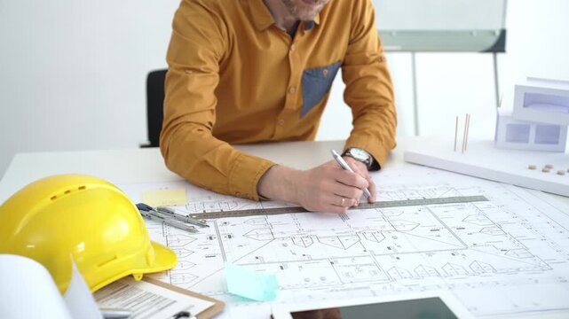 Architect or engineer working on architectural blueprints, drawing construction plans, designing a building project, and planning future development in an office