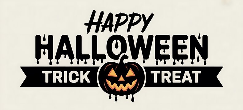 Happy halloween trick or treat typography design with a spooky dripping pumpkin illustration on a light background