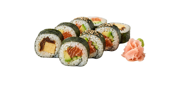 Assortment of fresh sushi rolls with salmon, avocado, cucumber, and tamagoyaki