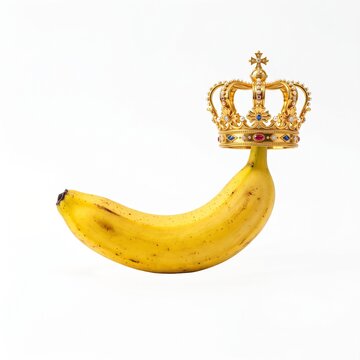 Yellow banana wearing golden jeweled royal crown on white