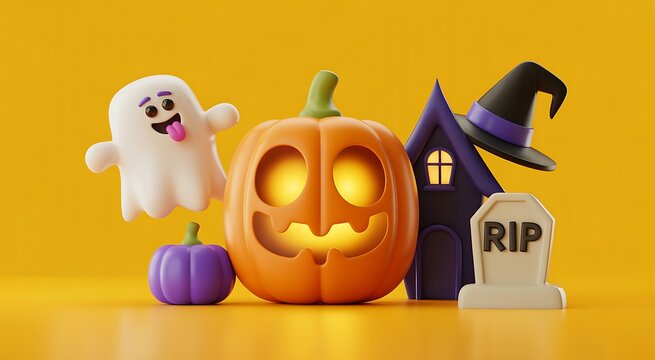 Cute 3d halloween composition featuring a glowing jack o lantern ghost witch hat and tombstone on orange background