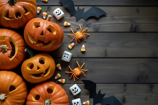 Top view of carved halloween pumpkins with spiders bats and candy corn on a rustic wooden background