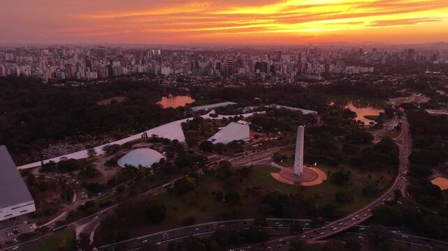 Aerial view of Ibirapuera Obelisk and Ibirapuera Park during sunset - S&atilde;o Paulo, Brazil