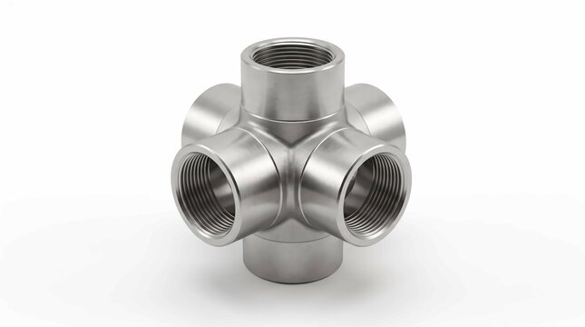Industrial steel pipe cross fitting with threaded openings isolated on a clean white background studio shot