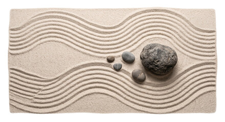 Zen garden with raked sand waves and smooth stones for meditation and calm © Sapphire