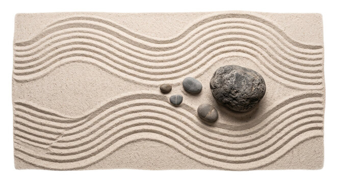 Zen garden with raked sand waves and smooth stones for meditation and calm