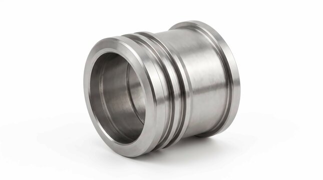 Polished stainless steel cylindrical machine part featuring precision grooves isolated on a clean white studio background