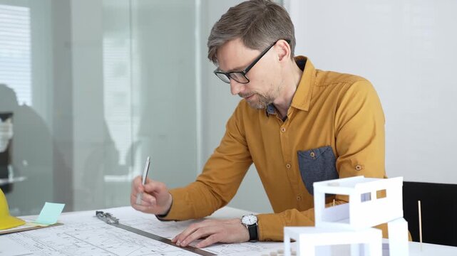 Architect working on architectural blueprint and scale model, designing and planning a new building project, focusing on engineering details and construction plans in a modern office