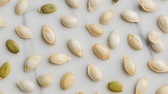 Organic pumpkin seeds scattered neatly across a clean white marble background in bright natural daylight lighting