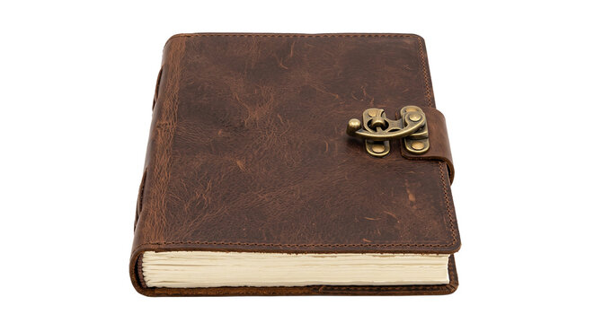 Vintage leather journal with ornate brass clasp and aged paper pages