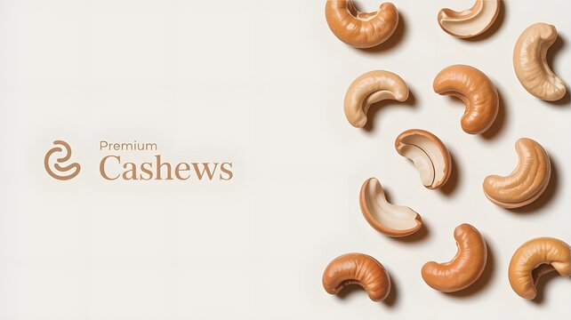 Roasted salted cashew nuts arranged neatly on a plain white background for professional food marketing design