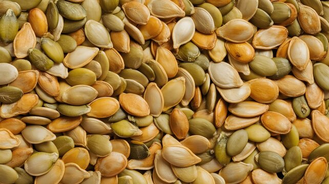 Roasted pumpkin seeds arranged in a detailed food pattern showing natural textures and earthy autumn tones