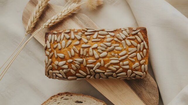 Freshly baked loaf of artisanal bread topped with sunflower seeds on a wooden serving board