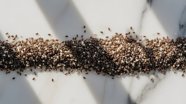 Nutritious organic chia seeds scattered across a smooth white marble surface under bright natural lighting