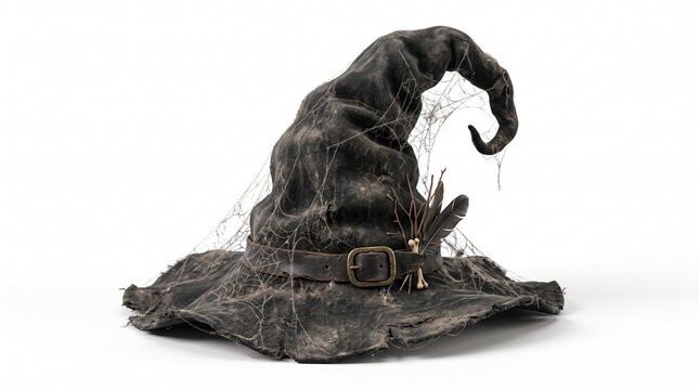 Old Worn Witch Hat Covered in Cobwebs and Feathers