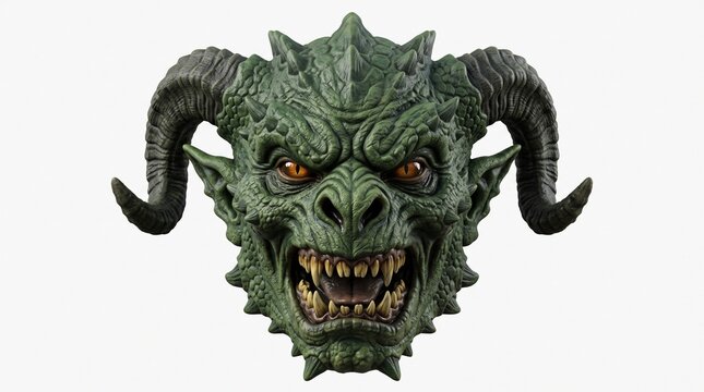 Fierce Green Dragon Head With Horns and Sharp Teeth