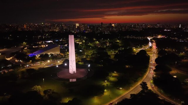 Aerial view of Ibirapuera Obelisk during sunset and Pedro &Aacute;lvares Cabral Avenue - S&atilde;o Paulo, Brazil
